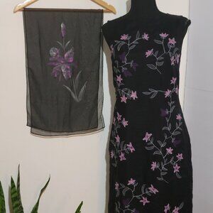 Harold's Black Silk Embordered Floral Maxi Dress Matching Scarf Size 2
